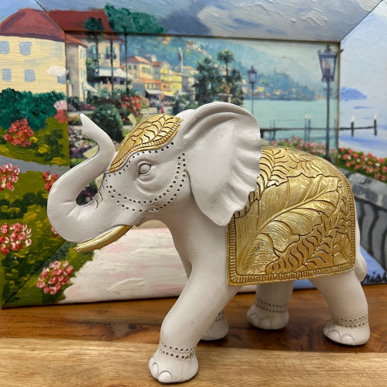 White and Gold Elephant Room Decor Statue | Gift Box Go