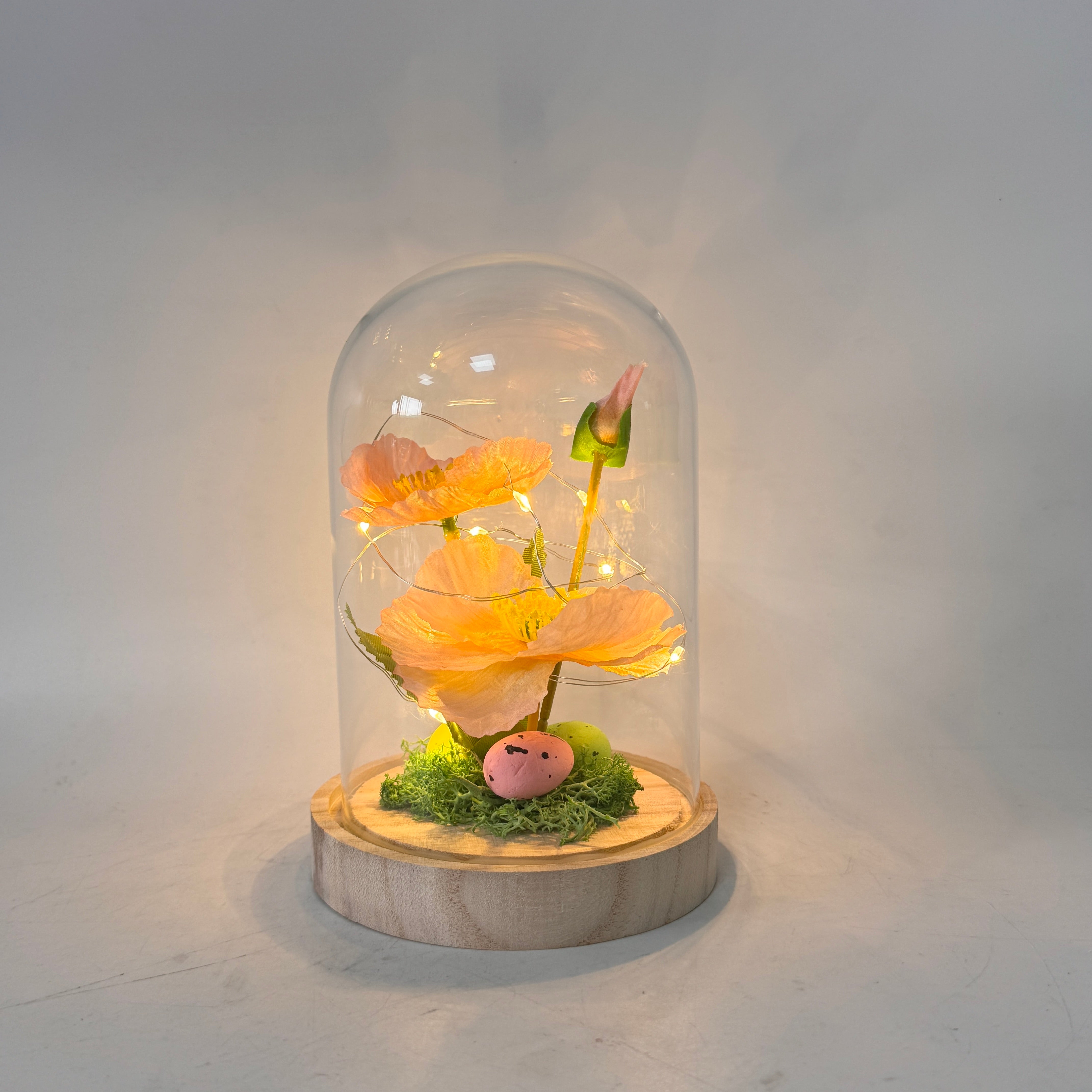 Warm Glow Floral Glass Dome Table Lamp with Wooden Base