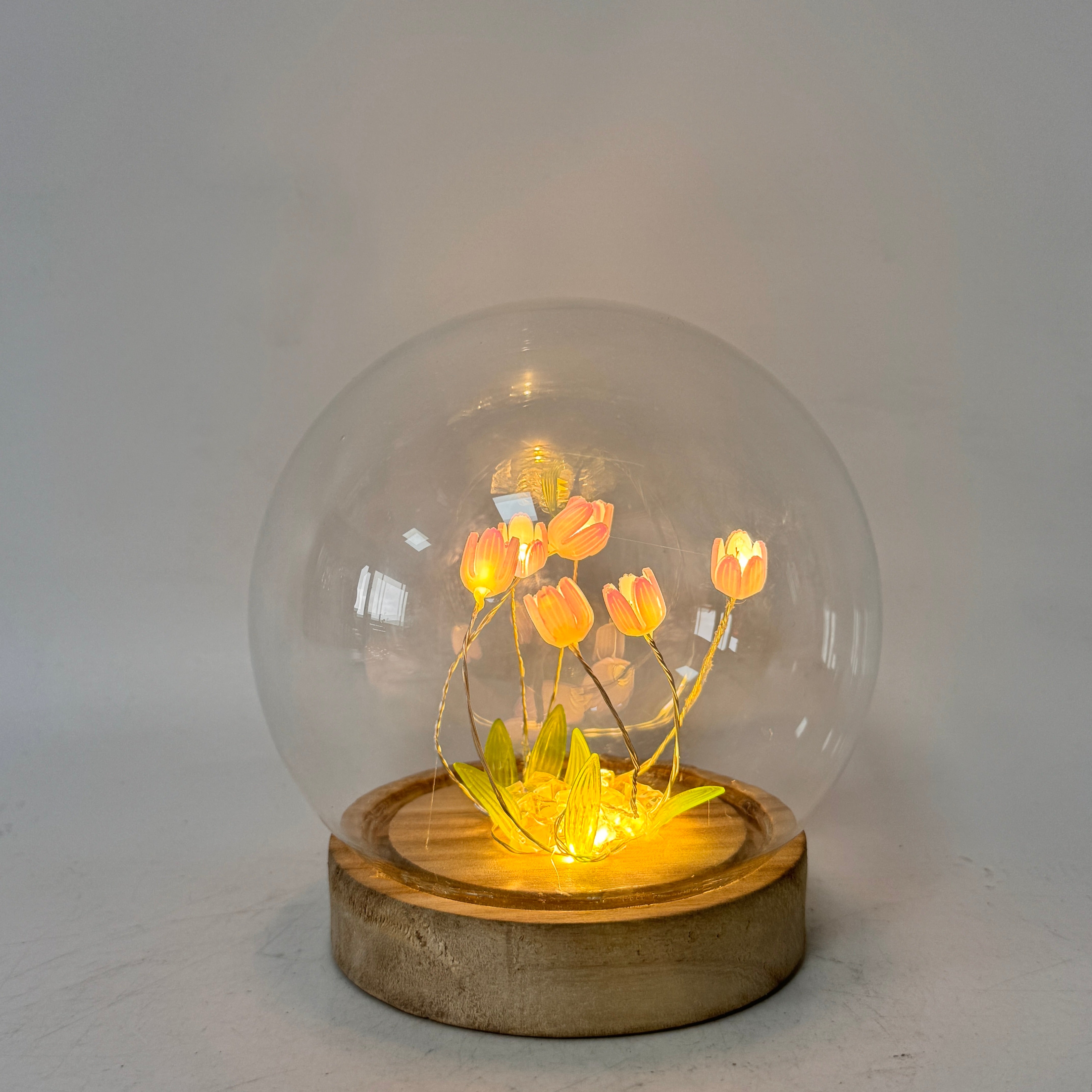 Golden Bloom LED Floral Glass Dome Table Lamp with Wooden Base