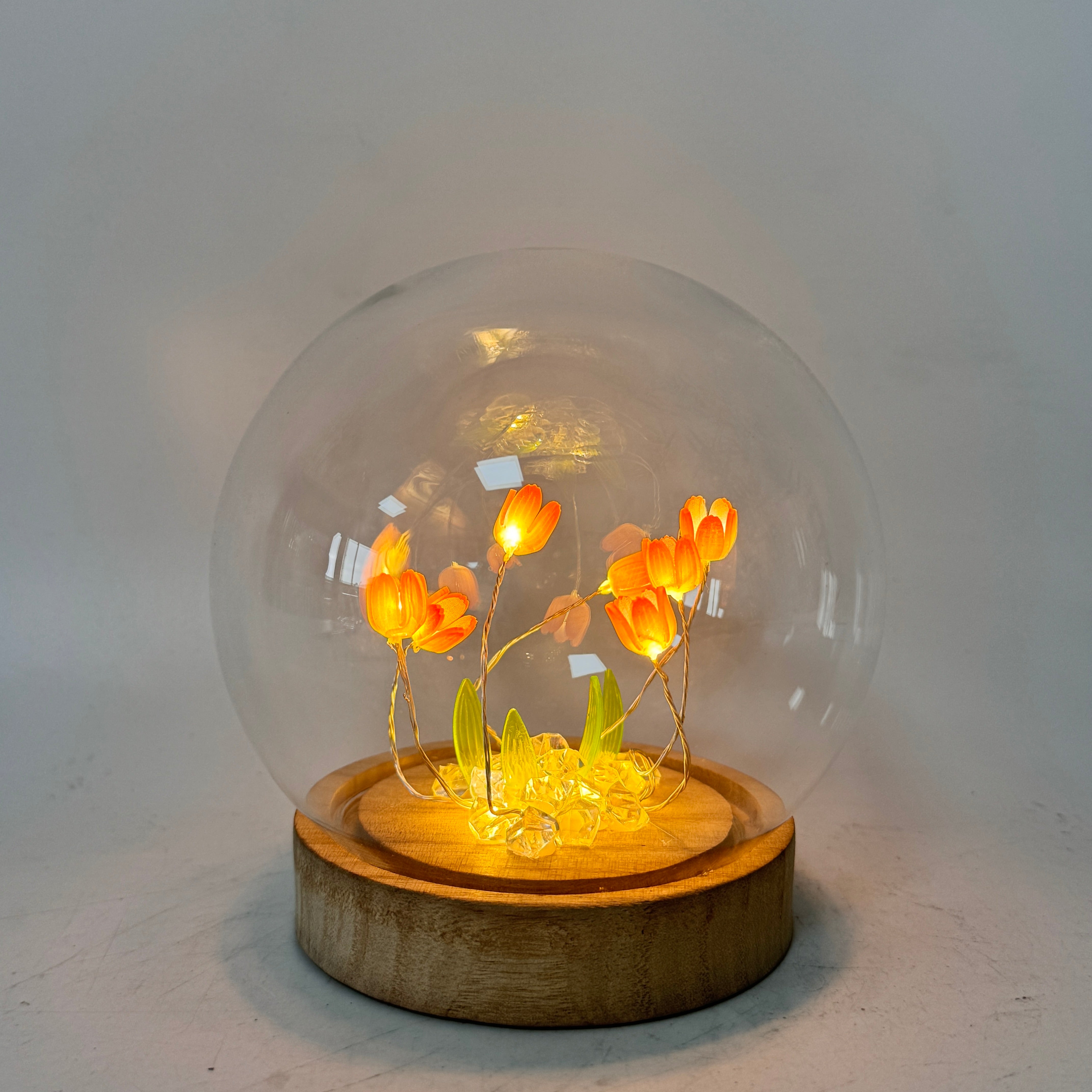 Golden Bloom LED Floral Glass Dome Table Lamp with Wooden Base