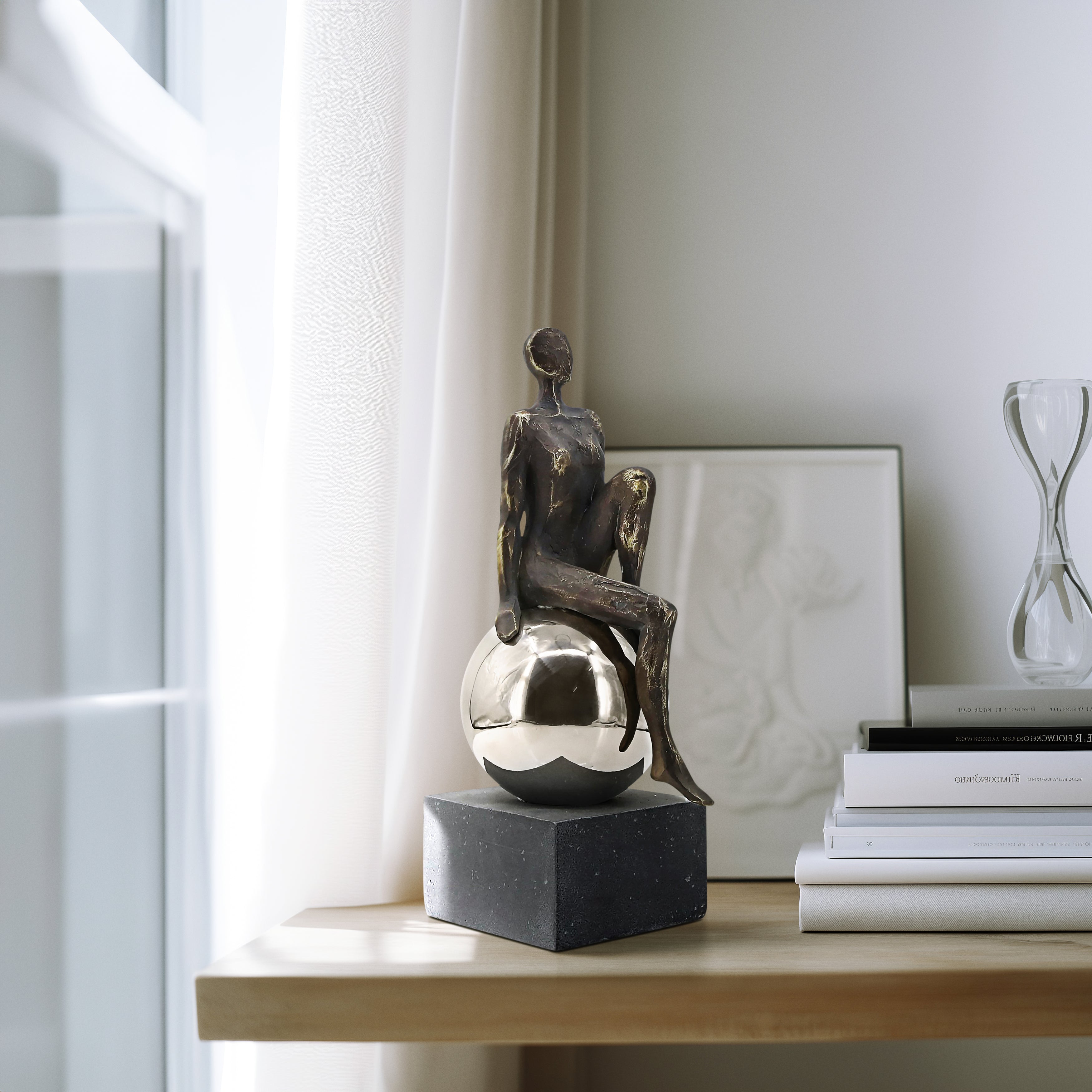 15" Women Sculpture Sitting on Metal Ball