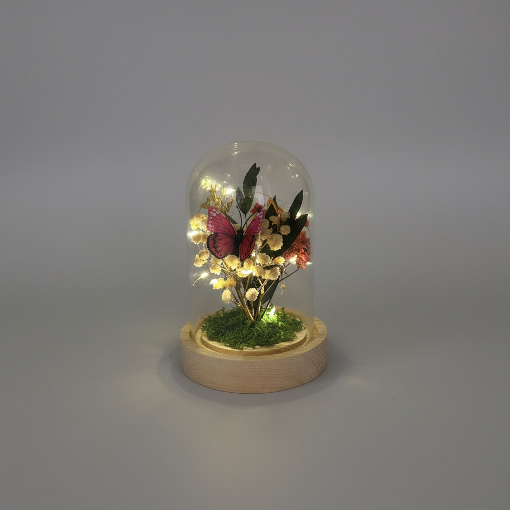Glass Lamp with Eternal Flowers and Butterfly Deco LED String Lights Inside