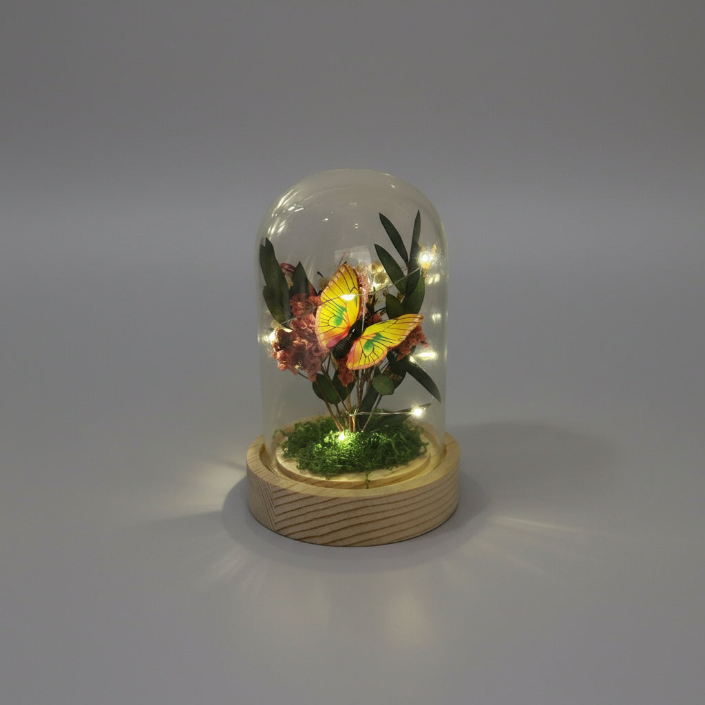 Glass Lamp with Eternal Flowers and Butterfly Deco LED String Lights Inside