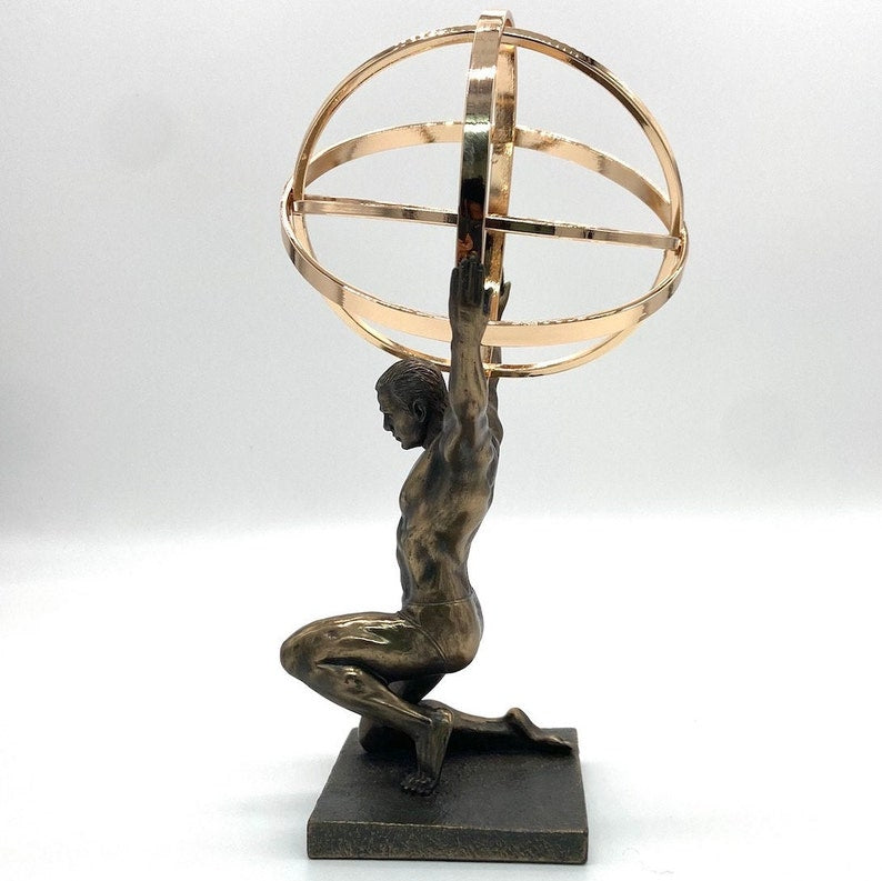 Greek Atlas God Kneeling & Standing Sculpture with Globe