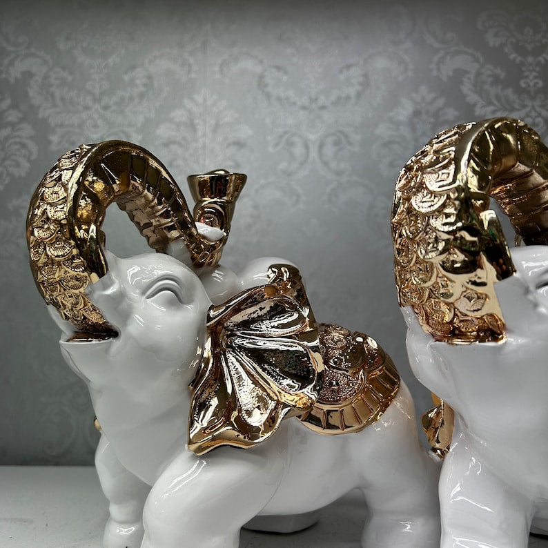 White and Gold Elephant Figurine Pair
