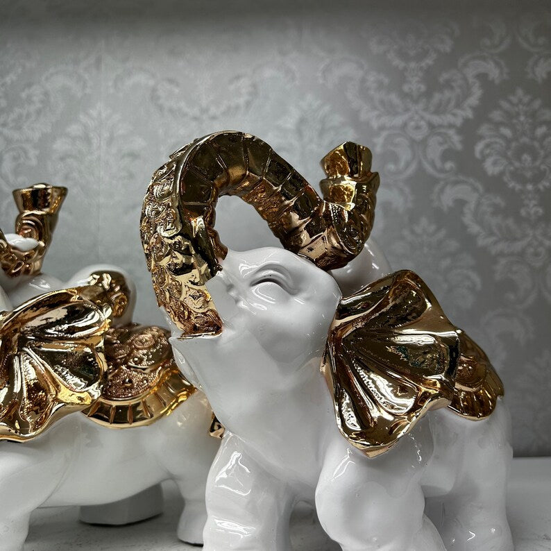 White and Gold Elephant Figurine Pair