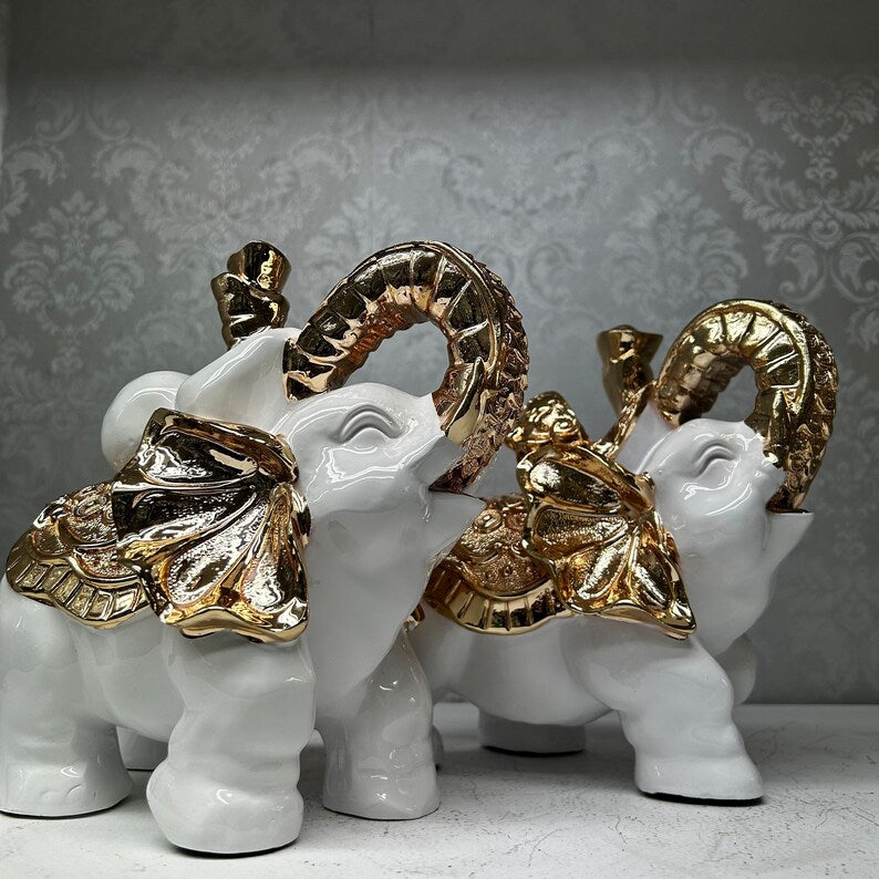 White and Gold Elephant Figurine Pair