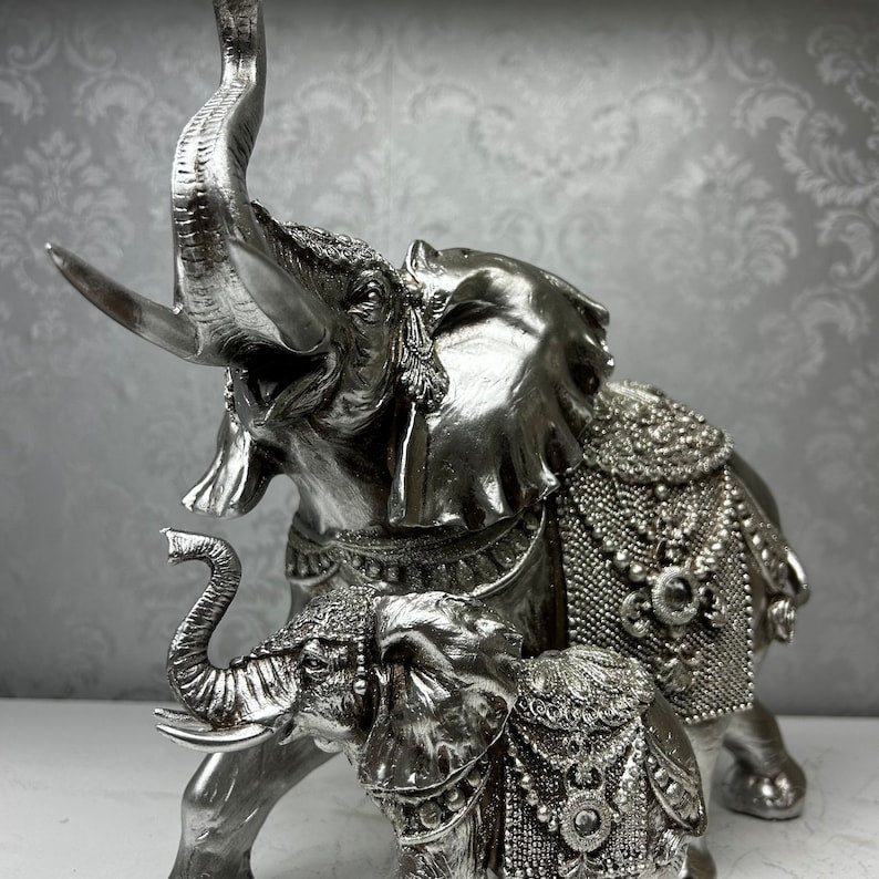 Stunning Silver Mother and Son Elephant Sculpture for Home Decor
