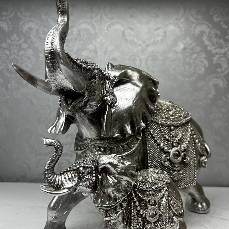 Stunning Silver Mother and Son Elephant Sculpture for Home Decor