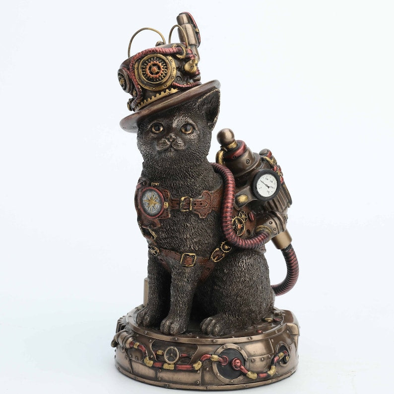 Steampunk Chaotic Neutral Cat Bronze Finish Resin Animal Figurine