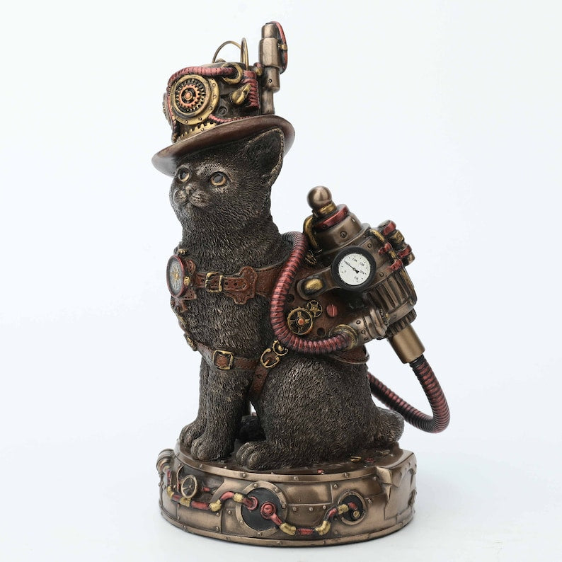 Steampunk Chaotic Neutral Cat Bronze Finish Resin Animal Figurine