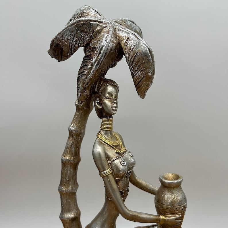 African Women Holding Pot Sitting under Coconut Tree 12 Tall