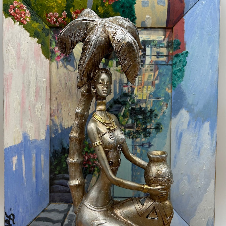 12" African Women Holding Pot Sitting under Coconut Tree Figurine