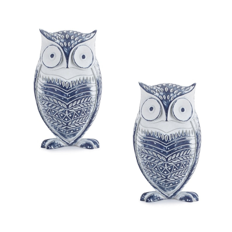 Set of 2 White Washed Owl Décor