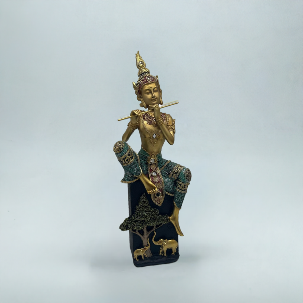 Buddha Statue playing Musical Flute on Pedestal